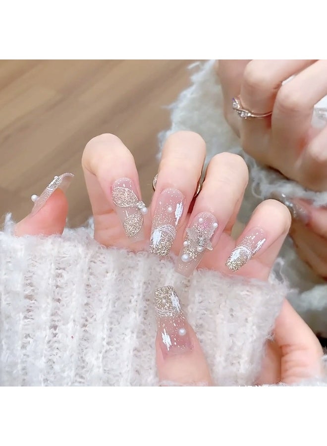 Instant Wear Luxury Press-on Nails – 24pcs Reusable Set –3D Butterfly & Pearls, Glossy Jelly Gradient Stick on False Nails – Salon Look at Home - Image 1